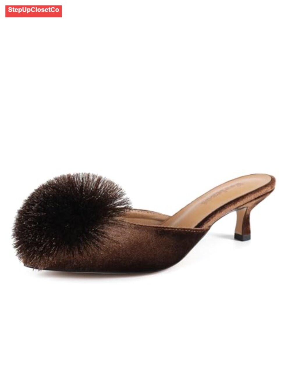 Fluffy Pom Pom Kitten Heel Mules for Women Pointed Toe Backless Slip On Velvet